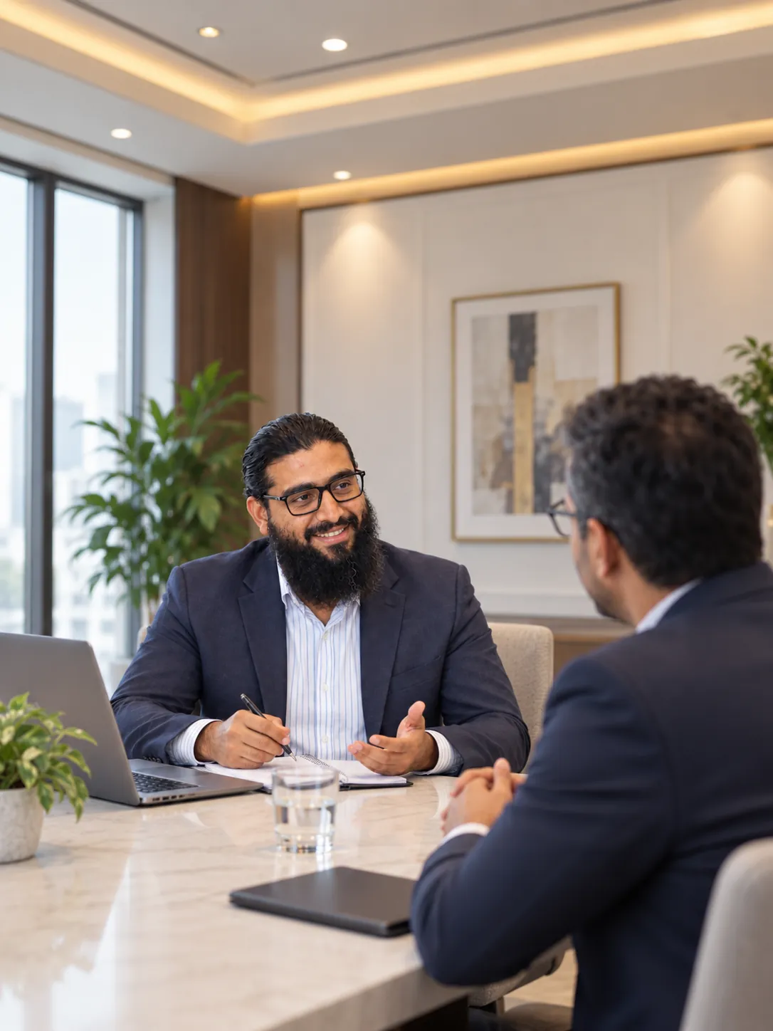 Executive coaching conversation in a professional setting